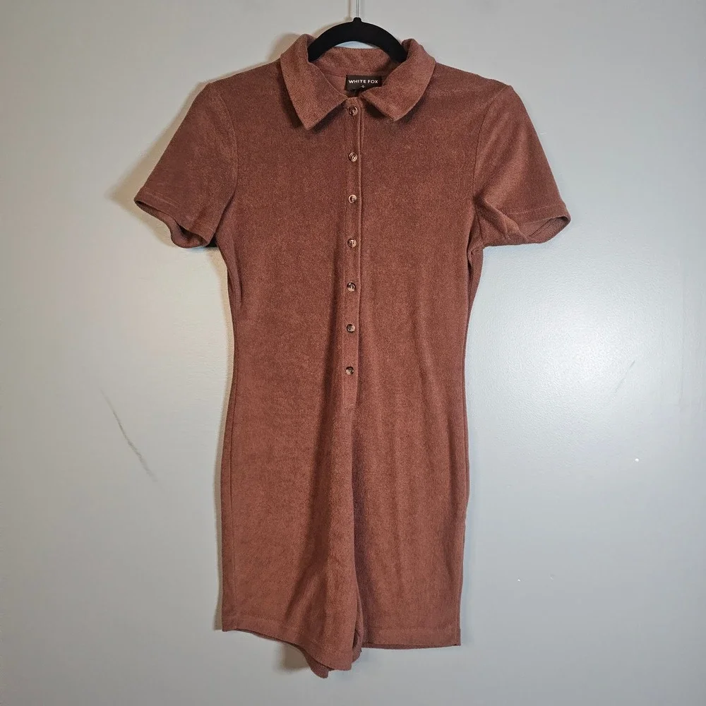 White Fox Chocolate Brown Terry Cloth Button‎ Front Romper Small Short Sleeve